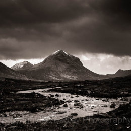 Sligachan River valley and a snow topped Marsco on the Isle of Skye, Scotland