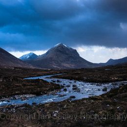 Sligachan River valley and a snow topped Marsco on the Isle of Skye, Scotland
