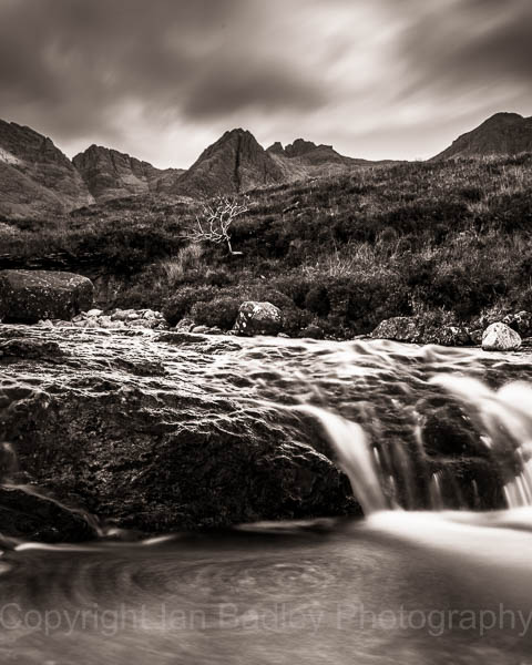 Swirling fairy Pools and Cuillin Hills, Isle of Skye, Scotland