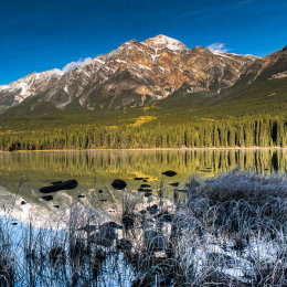 Frosty dawn on Pyramid Lake, Jasper National Park, Canada