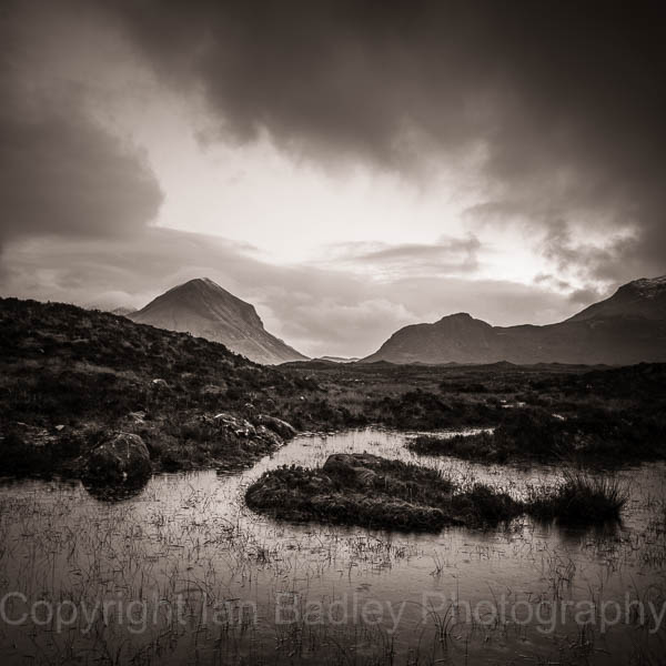 Lochen and Marsco moountain in a rain cloud, Isle of Skye, Scotland