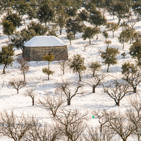 A snow covered 'cabane' in the Luberon, France