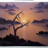 'Waiting' This painting was created several weeks before the death of my dear Mother. The tree represents the frail and weak person my Mother became through her suffering from Dementia. The bare limbs of the tree hanging low show her frailty. My wife and I, and our three children standing close by as mountains, always present to love, help and support. We are all just waiting.