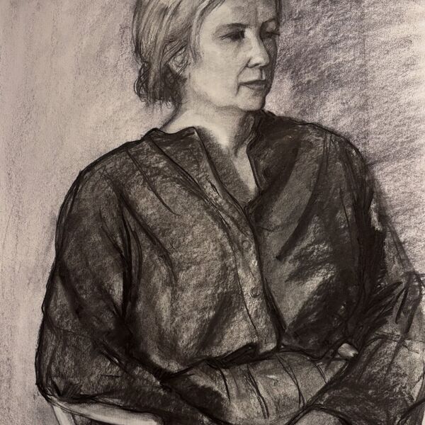 Large charcoal portrait drawing of Helen