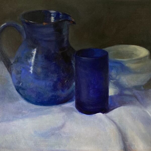 Blue Jug and Glass SOLD Oil on board