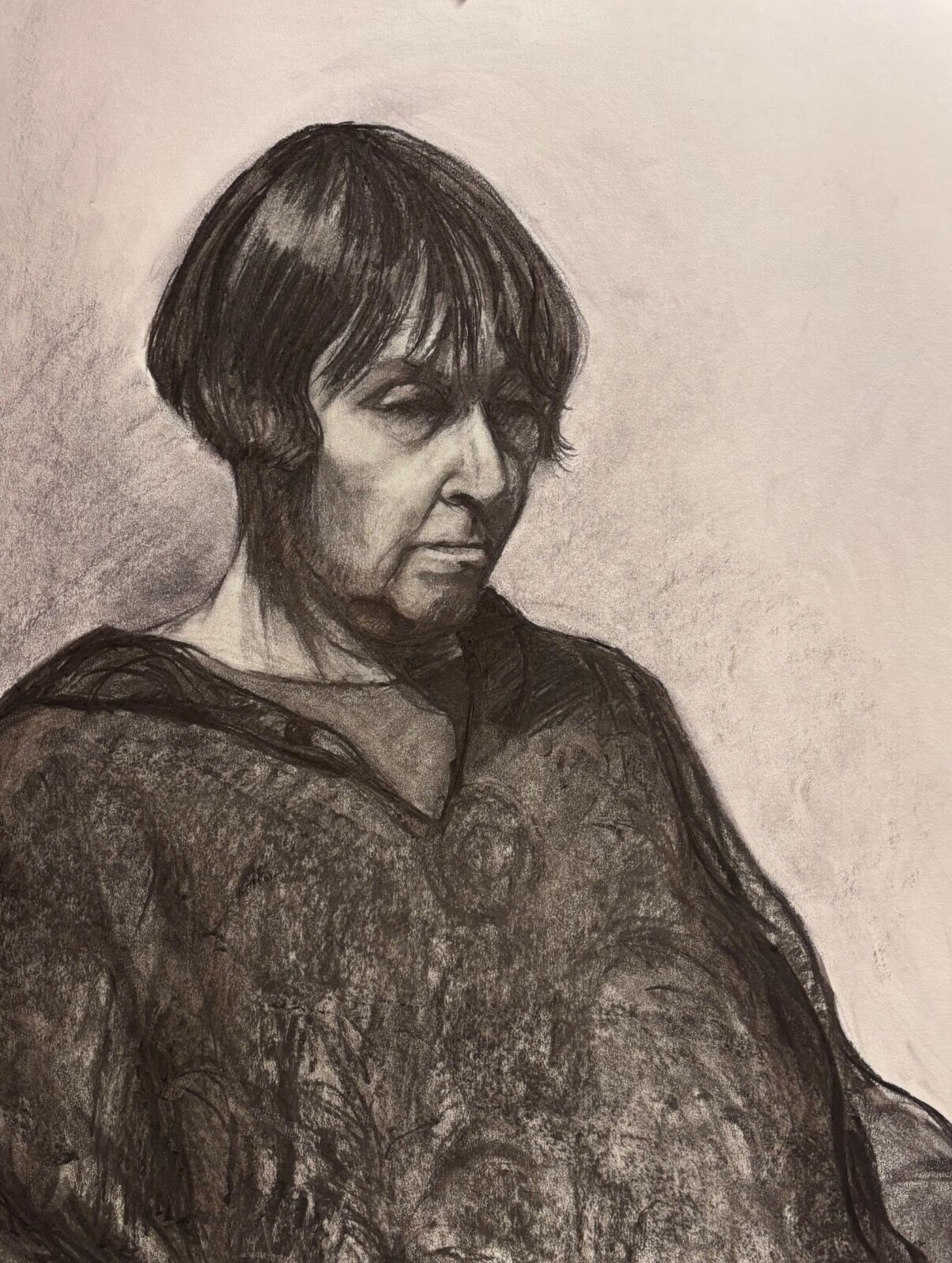 Large charcoal portrait drawing of Sarah