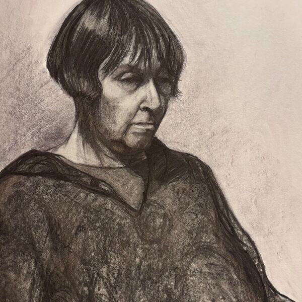 Large charcoal portrait drawing of Sarah