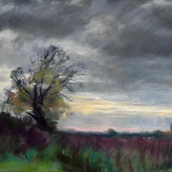 Suffolk landscape with dark clouds and windswept trees in the late afternoon Autumn 2025