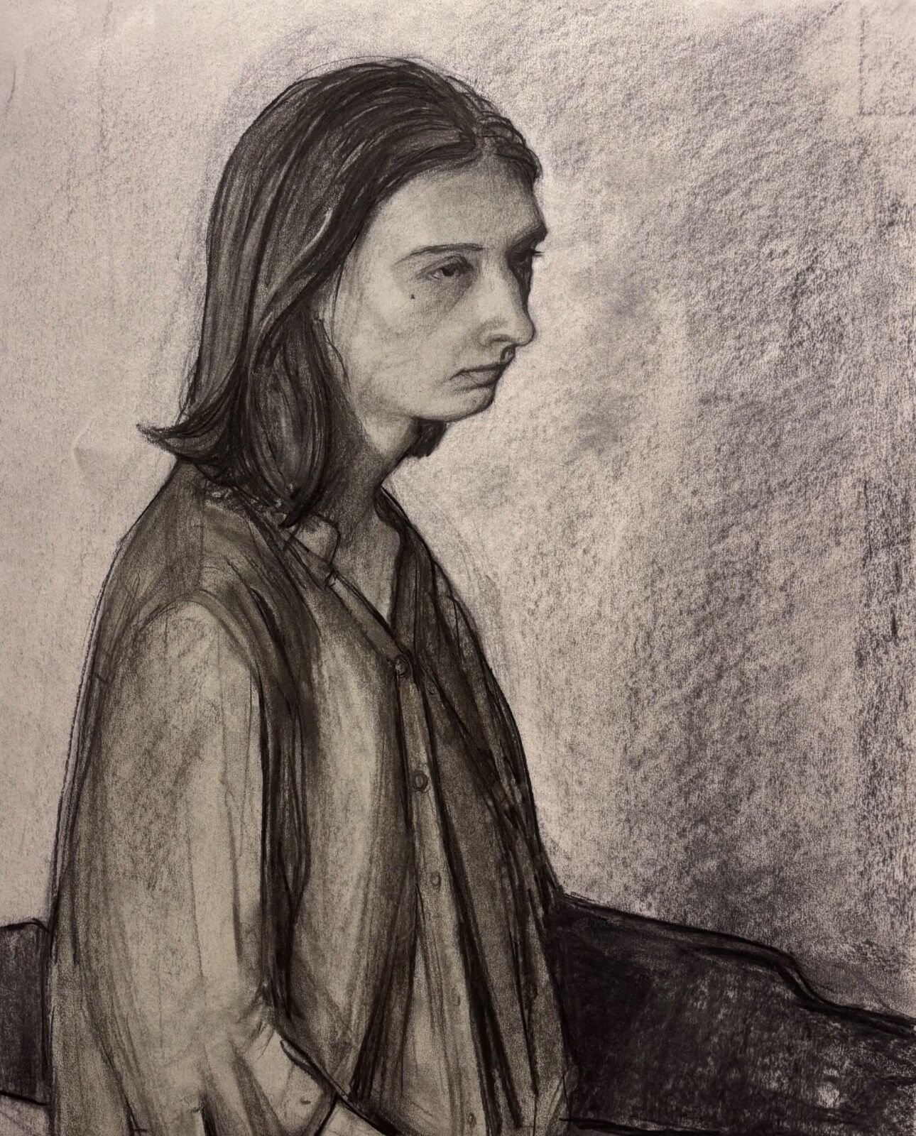 Large charcoal portrait drawing of Nasim