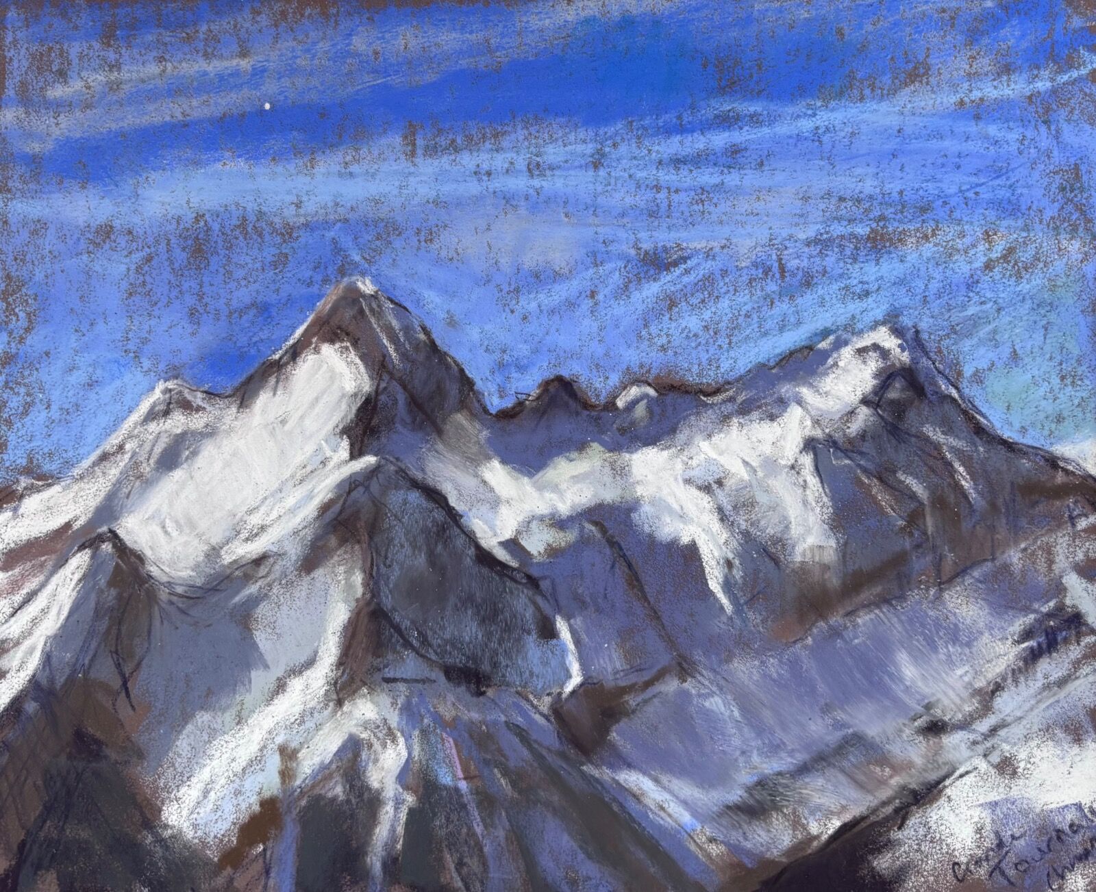 Alpine sketch looking across the valley to snow covered peaks in Champoluc