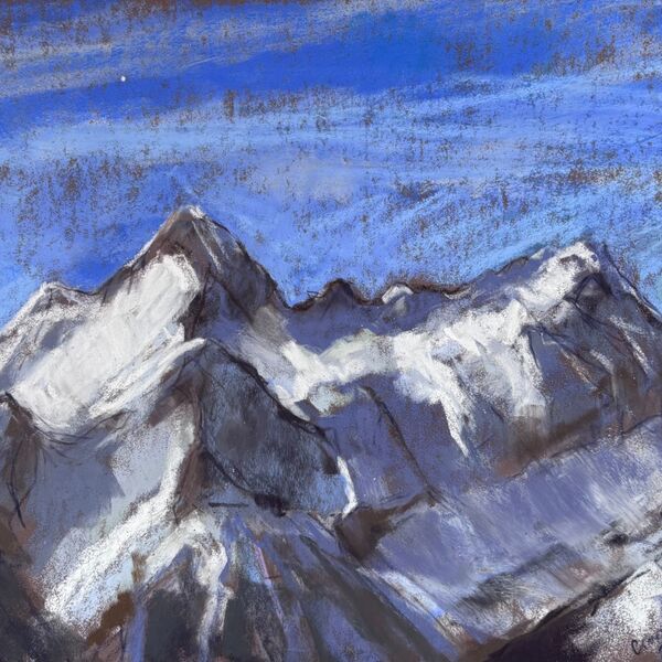 Alpine sketch looking across the valley to snow covered peaks in Champoluc