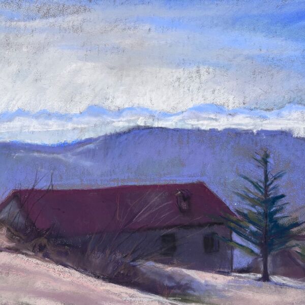 Case Vignotti from the meadow, Mombarcaro.  January 2026. Soft pastels on Pastelmat