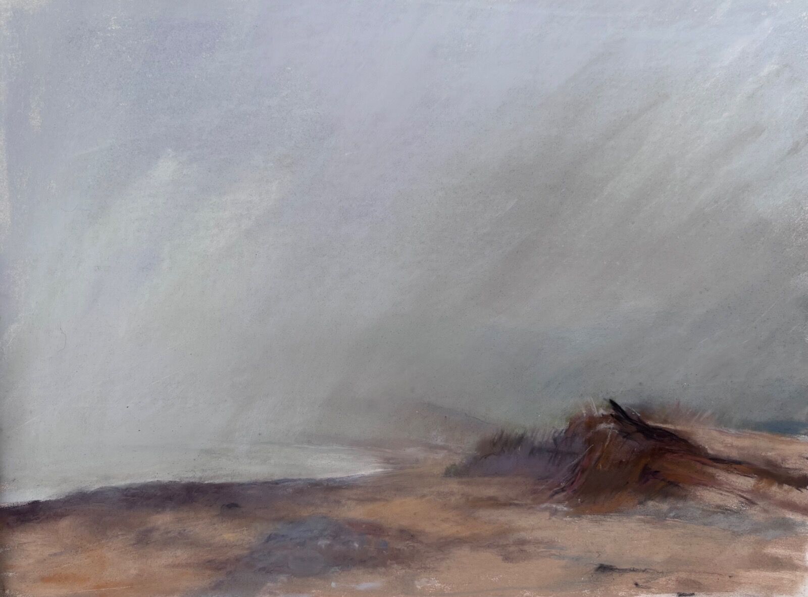 View of Covehithe Beach on 9th March on a very misty and drizzly day looking towards Southwold