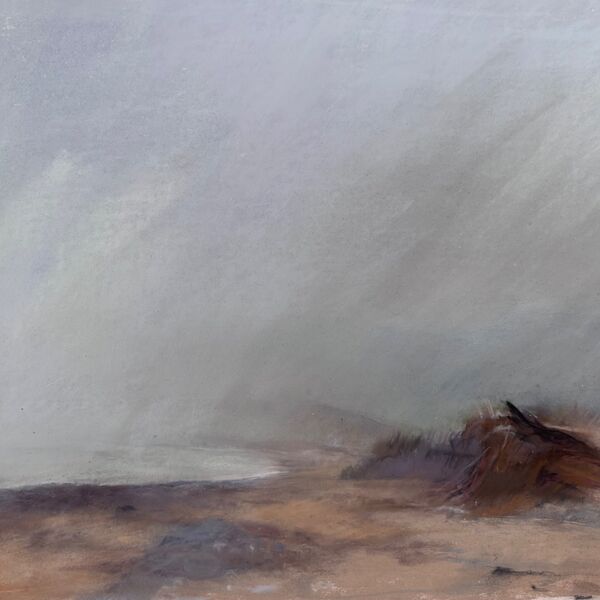 View of Covehithe Beach on 9th March on a very misty and drizzly day looking towards Southwold