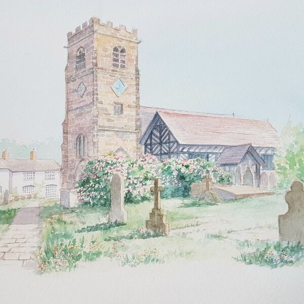 Lower Peover Church in watercolour