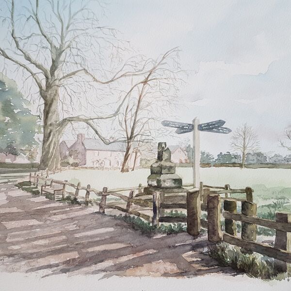 Styal village cross in watercolour