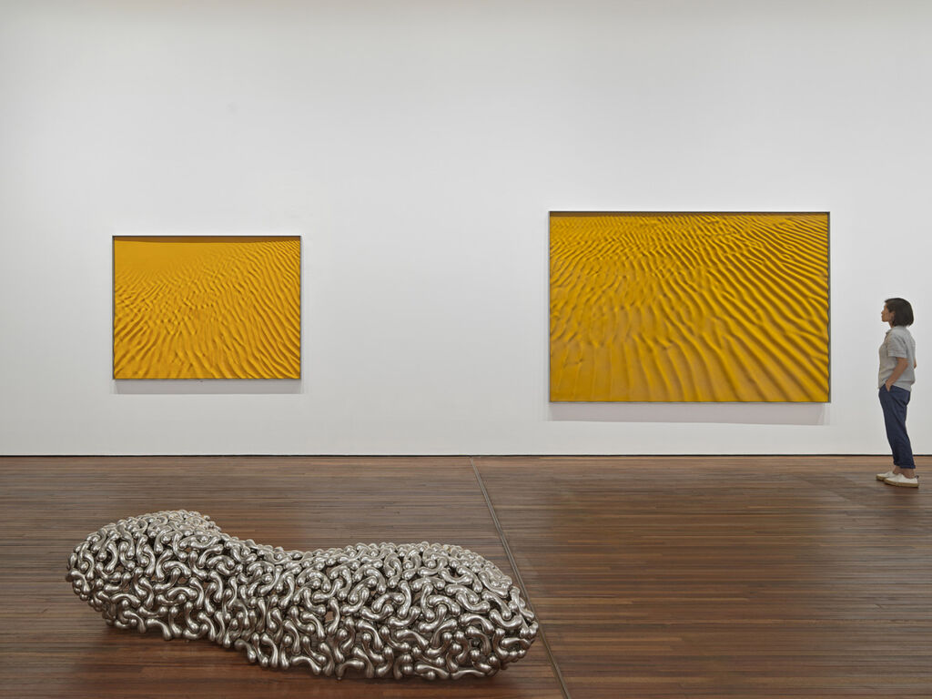 µgraph reliefs (gold 137C), 2020, epoxy resins, nylon fibers on aluminium, 200x150 cm; µgraph reliefs (dark gold 1245C) 2020, epoxy resins, nylon fibers on aluminium, 200x300 cm