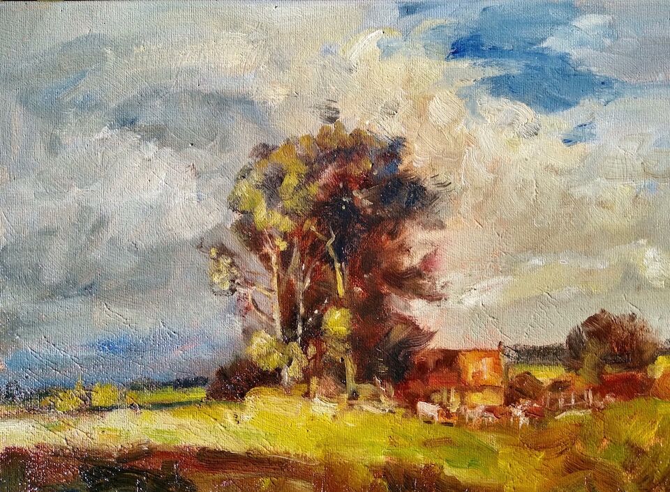 14 x 10" Landscape oil painting cottages and cows with tree 29th May 2020 James P McAteer