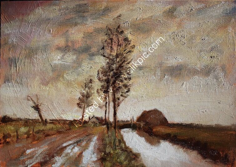 FOR SALE Landscape oil painting on canvas board Canal and cottages by James P McAteer
