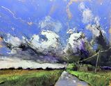 12 Now the storm's passed, the wind has dropped, feeling fresh, from Cow Bridge looking north Contemporary mixed media painting of the fens of East Anglia