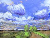 13 Wandering towards Red Tile, my way along the track, joyful Contemporary mixed media painting of the fens of East Anglia