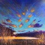14 Looking back to Longmeadow, the day nearly done, gentle breeze Contemporary mixed media painting of the fens of East Anglia