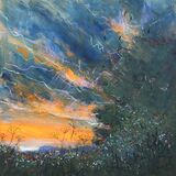 17 Birdsong fading, dew, dandelions and cow parsley Contemporary mixed media painting of the fens of East Anglia
