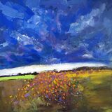29 Walking back from Cow Bridge by Butlers Field where the crows fly over Contemporary mixed media painting of the fens of East Anglia