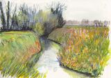 Down by the lode, watercolour and oil pastels in moleskine sketchbook