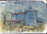 Silos, watercolour and oil pastel in moleskine sketchbook