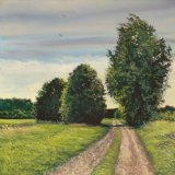 Walking down Red Tile, Oils in board, 30cm sq, framed