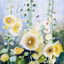 Hollyhocks £1.75 hollyhocks, birthday card, for mum, mother, friend, flower card, fine art card, happy birthday, floral greeting, beautiful, watercolor card, blue, yellow