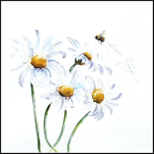 Bee, contemporary birthday card, blank inside, flowers, for her, wife, daughter, sister, mum, mother, large, quality, greetings card, fine art, watercolor, square, large, for sale, buy, get well, friend, best wishes, thank you, beautiful, cute,