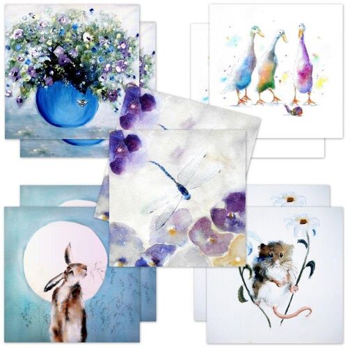 greeting cards, birthday cards, mouse, floral, hare, flowers, thank you, notelet, for her, female, wife, partner, multi pack, multipurpose, set, collection, fine art, cute