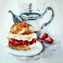 Cream Tea £1.75 cream, tea, strawberry, English, art, watercolour, birthday, greeting, card, tradional