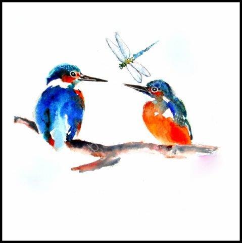 greeting, card, watercolour, kingfishers, birthday, celebration, anniversary, art, watercolour