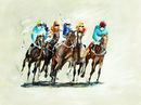 Round The Bend £375 horse racing, club, jockey, jockies, horses, jumping, racecourse, sport, art, watercolour, print