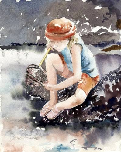 golden era, pond, fishing, tiddlers, little girl, fishing net, fish, catching, children, watercolour, painting, art, rocks