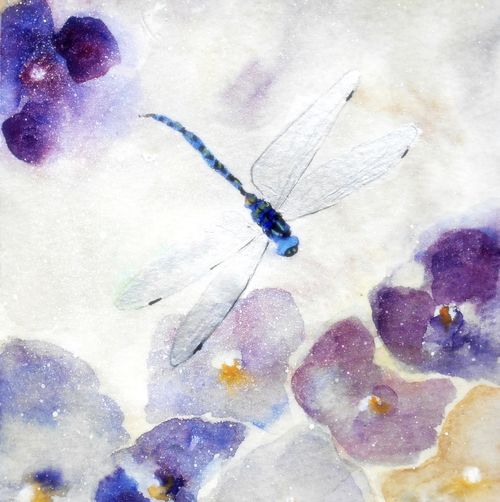 dragonfly, pretty, flowers, greeting card, birthday, get well soon, insects, any occasion, blank inside, friends birthday,thank you, fine art watercolour, contemporary, congratulations, greetings