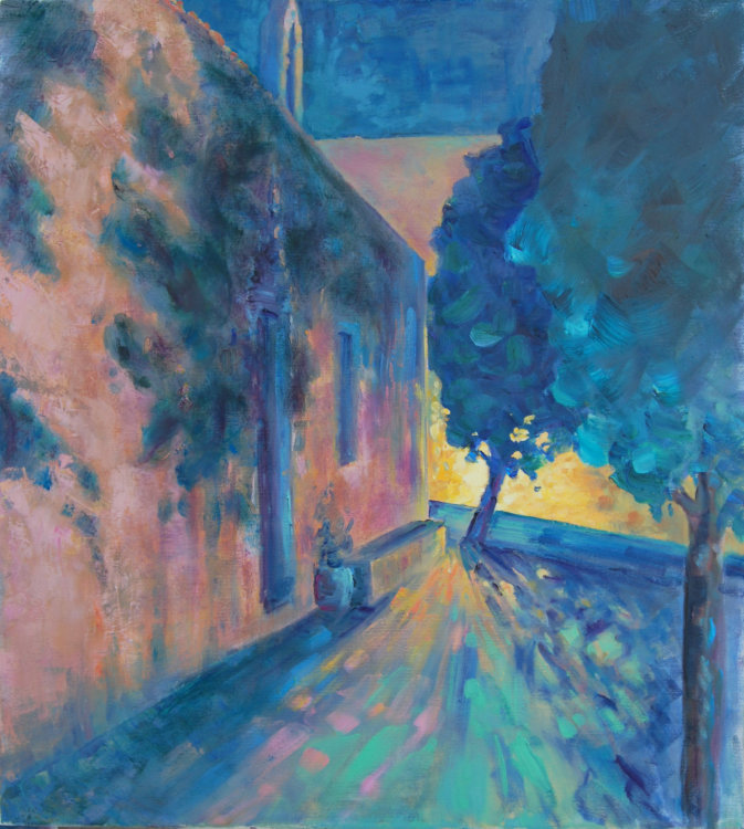 Churchyard by lamplight