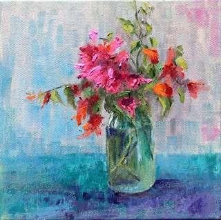 Bougainvillea in Green glass Jar