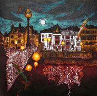 Whitby Lights II, collagraph and collage, 31 x 31cm