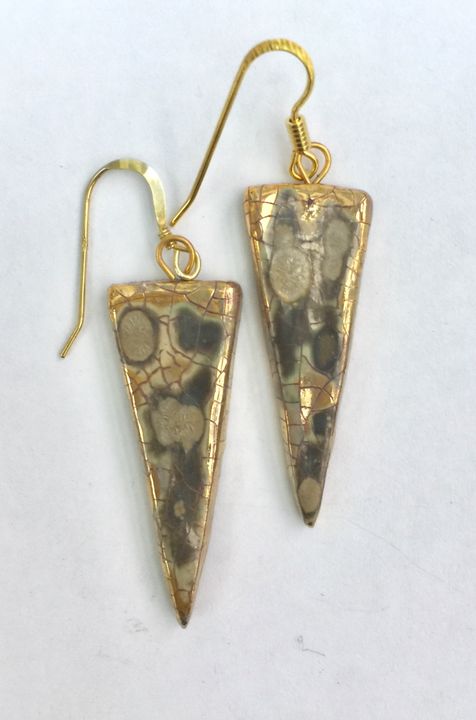 Triangle ceramic drop earrings with gold lustre.