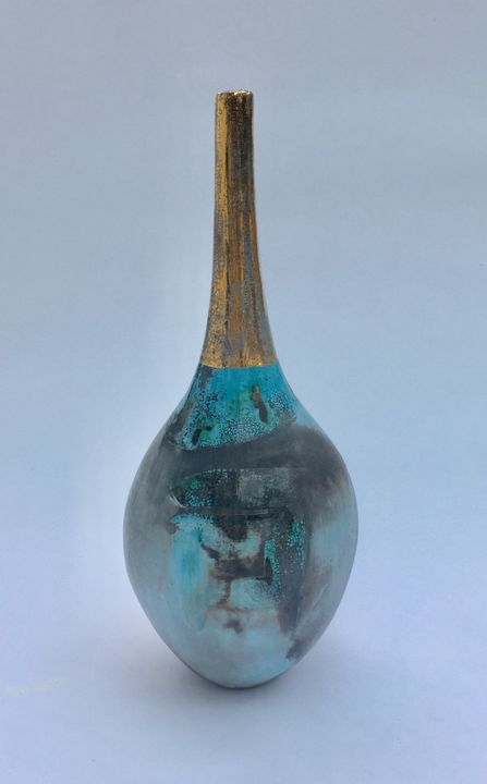 Blue smoke-fired pot with gestural markings crackled glaze and gold lustre.