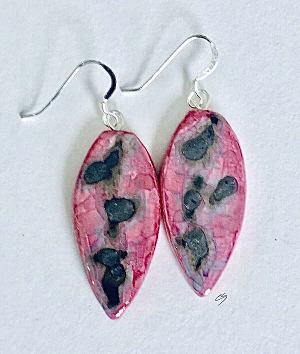 Pink leaf shaped drop ceramic earrings with silver grey abstract markings.