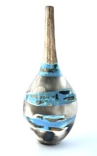Blue smoke-fired pot with gestural markings crackled glaze and gold lustre.