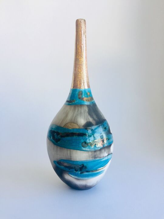 Blue smoke-fired pot with gestural markings crackled glaze and gold lustre.