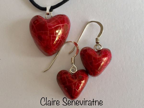 Red heart pendant and earrings set.