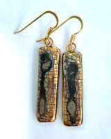 Gold rectangular ceramic earrings with crackled glaze.