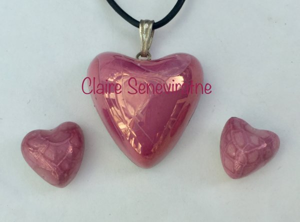 Pink lustre heart pendant with heart studs